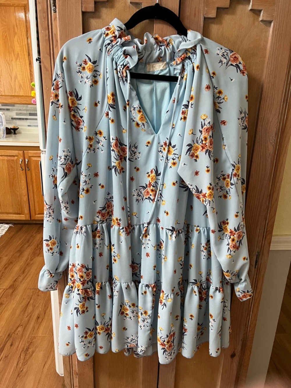 Light Blue Floral Tiered Long-Sleeve Dress